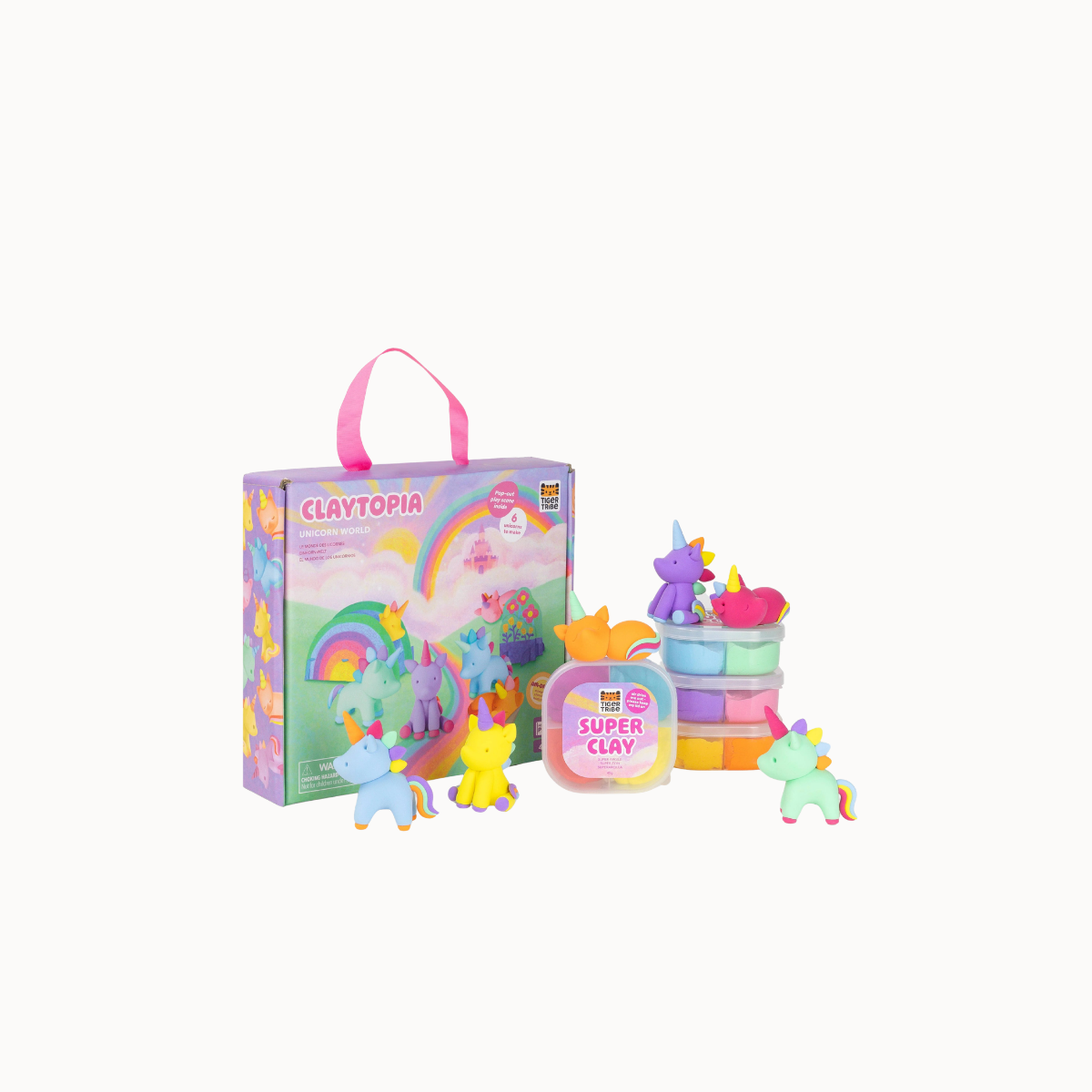 Claytoopia Super Clay toy set with a colorful storage box, a pink carrying handle, and several small clay figures and stacked clay pots on a plain light background.