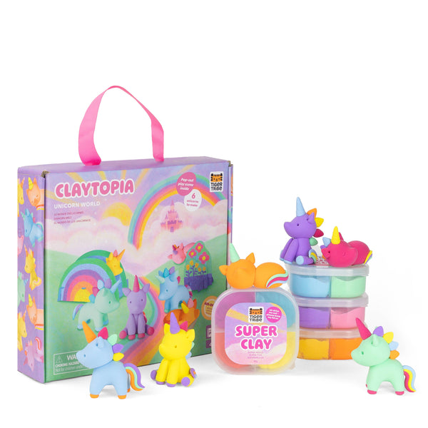 Claytopia unicorn-themed playset with colorful clay figures and packaging on a white background