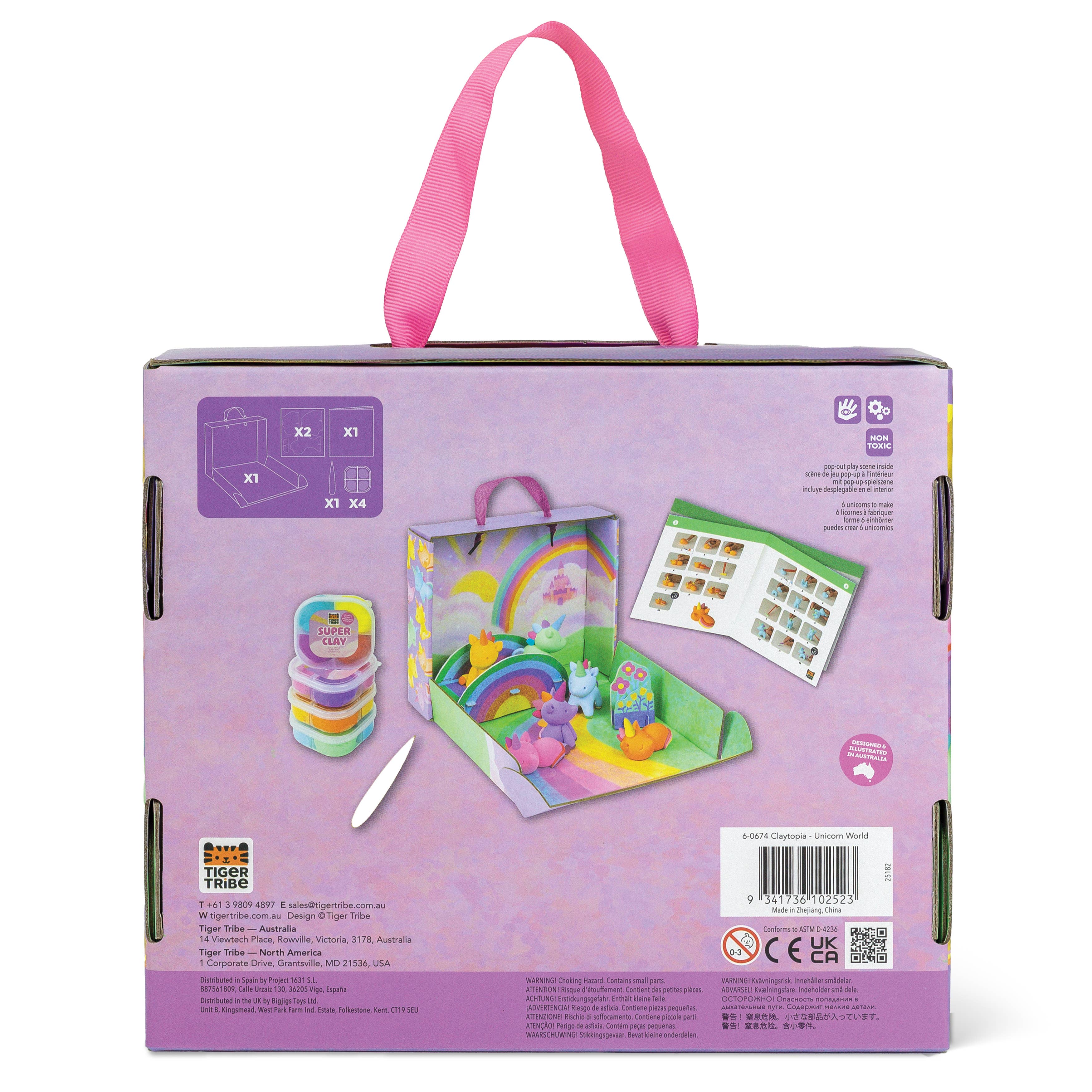 Purple toy packaging with a pink handle, showing illustrations of toys and accessories.