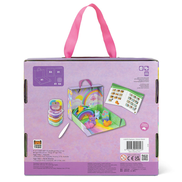 Purple toy packaging with a pink handle, showing illustrations of toys and accessories.
