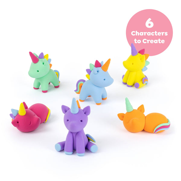 Set of colorful unicorn figurines on a white background with text indicating six characters to create.