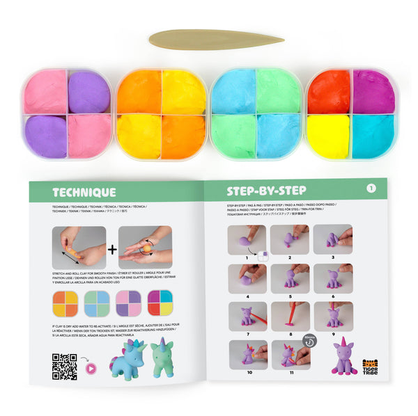 Set of colorful clay modeling blocks with a step-by-step guide on a white background