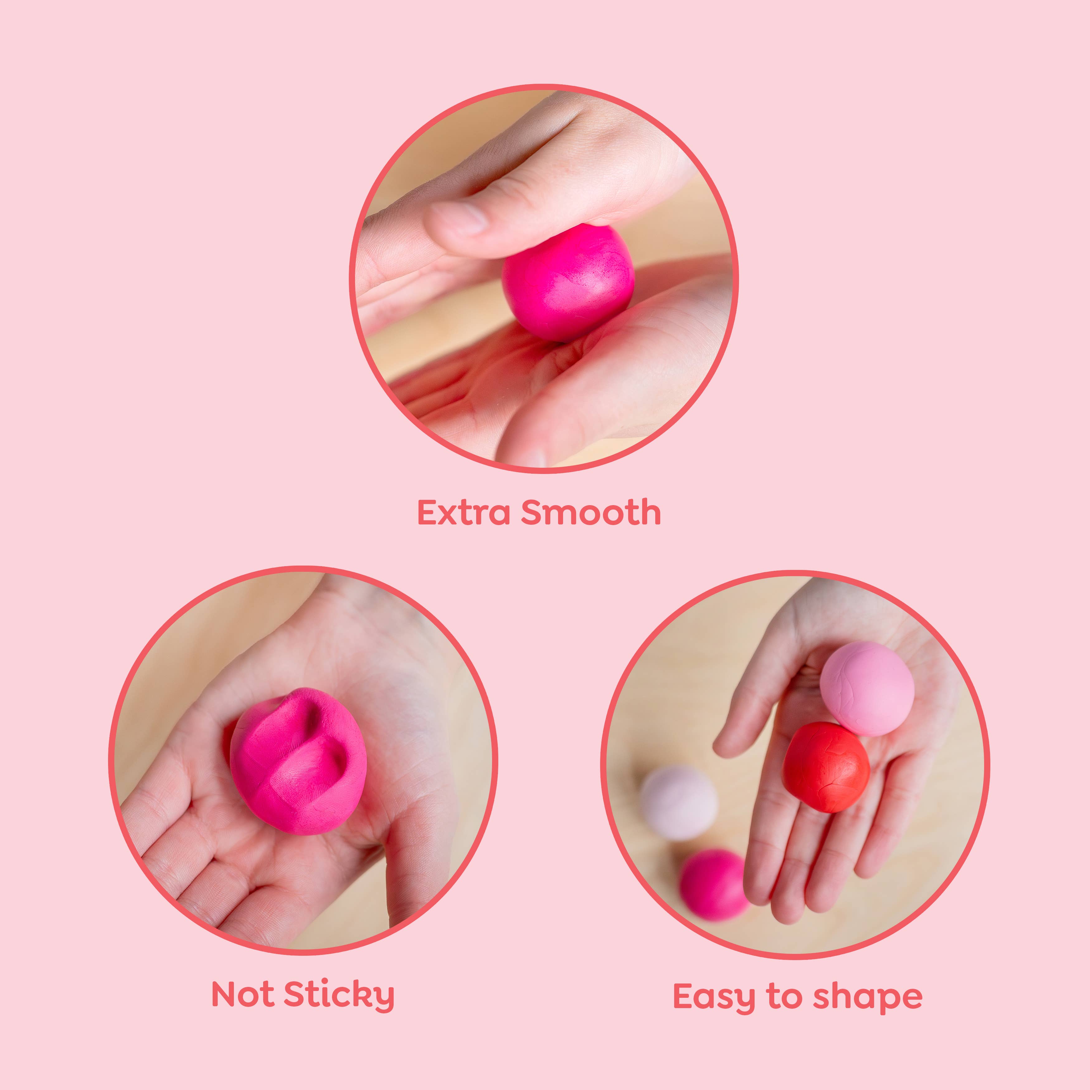 Pink stress ball being held and used on a pink background with text indicating its properties.