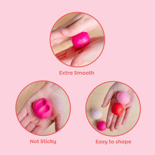 Pink stress ball being held and used on a pink background with text indicating its properties.