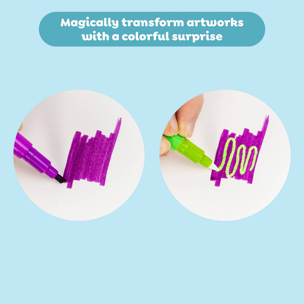 Colorful markers transforming artworks with a colorful surprise on a blue background.