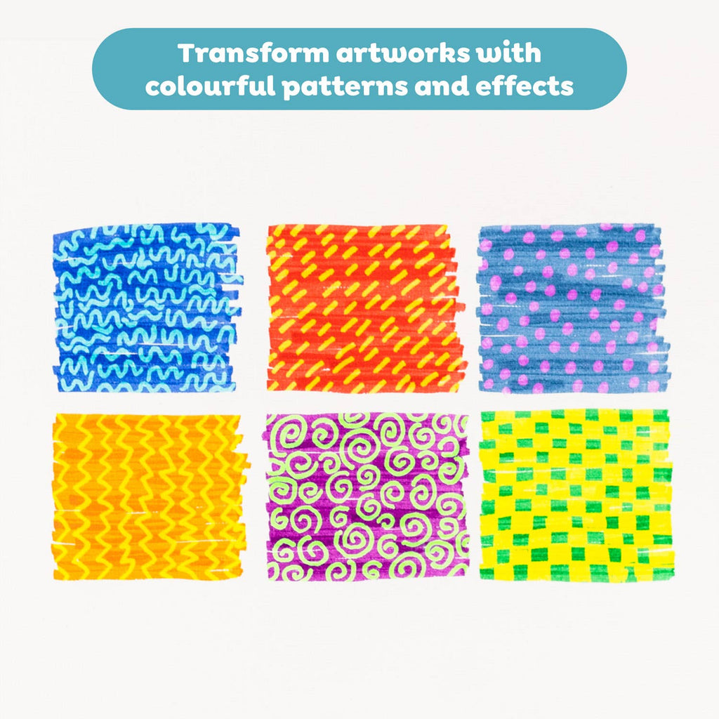 Set of colorful patterned swatches with text 'Transform artworks with colourful patterns and effects' on a white background.