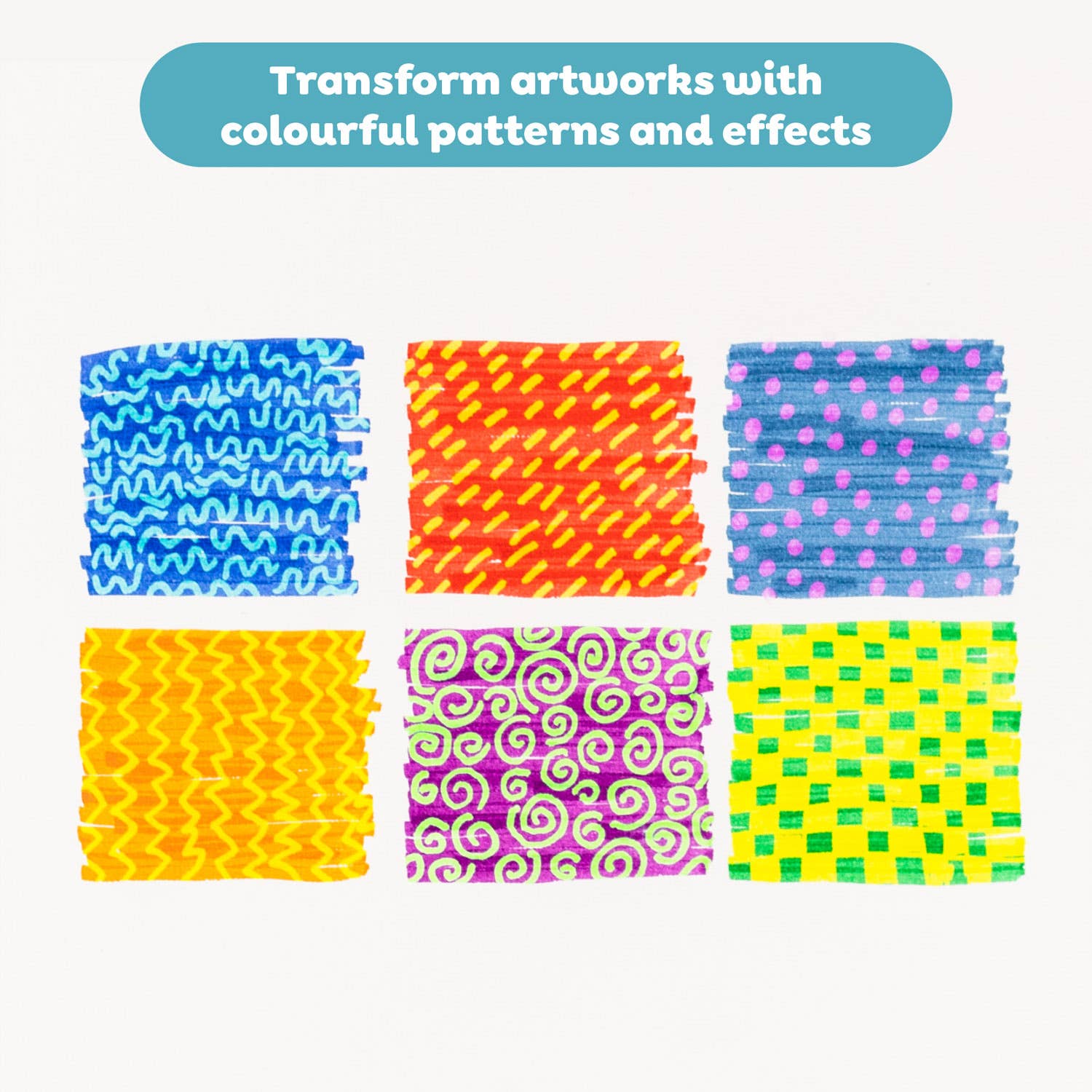 Set of colorful patterned swatches with text 'Transform artworks with colourful patterns and effects' on a white background.
