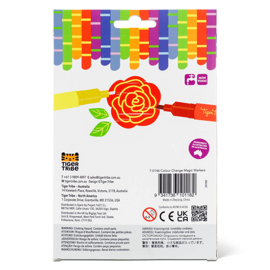 Back of a Tiger Tribe product packaging with colorful markers and a rose illustration on a white background.