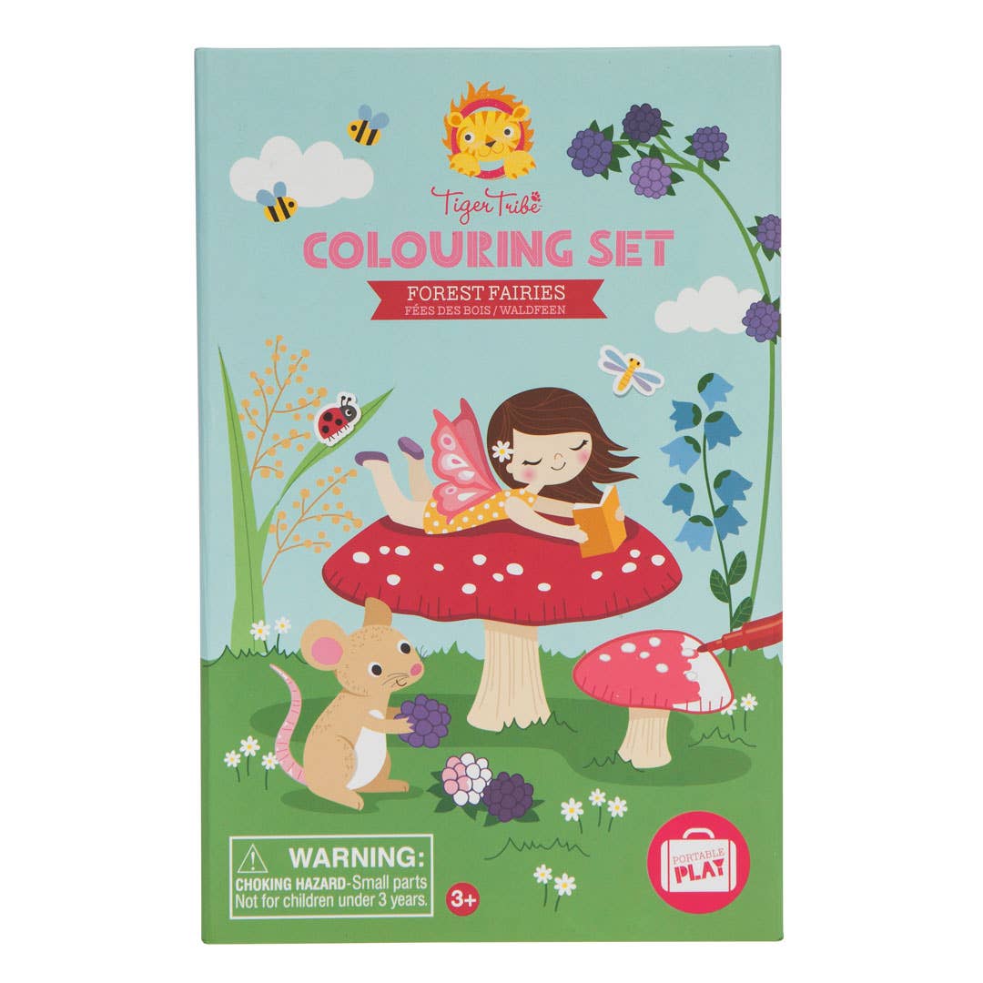 Colouring set packaging with a fairy on a mushroom and a mouse, featuring the Tiger Tribe brand.