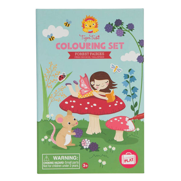 Colouring set packaging with a fairy on a mushroom and a mouse, featuring the Tiger Tribe brand.