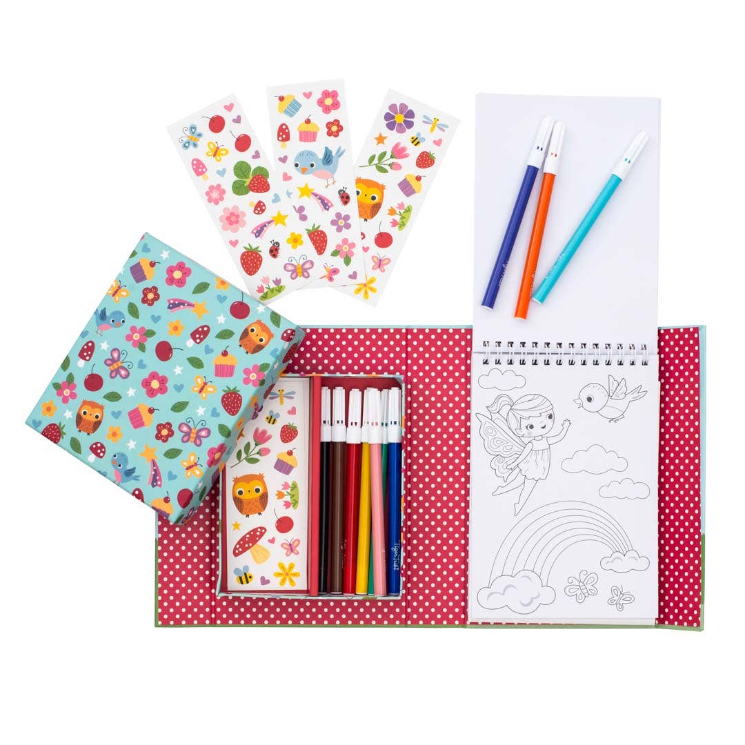 Coloring book set with pencils and coloring pages on a white background