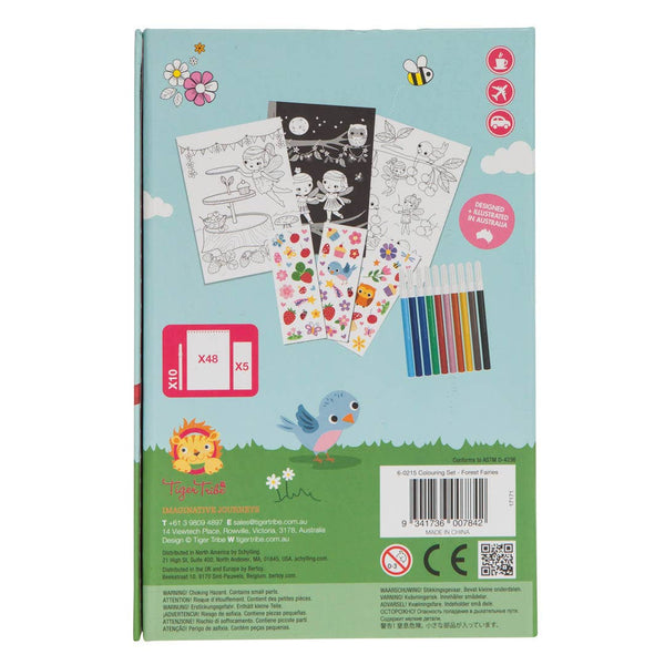 Back cover of a children's activity book with coloring pages, stickers, and pencils on a blue background.