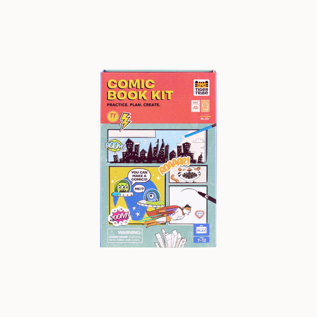 A comic book kit box shown against a plain white background. The packaging features a red top section with yellow text reading 'COMIC BOOK KIT' and a light blue lower section with sample comic panels and drawing tools.