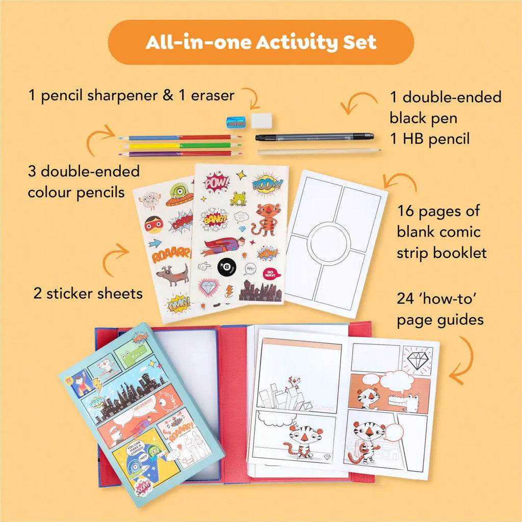 All-in-one activity set with stationery items and comic book materials on a yellow background