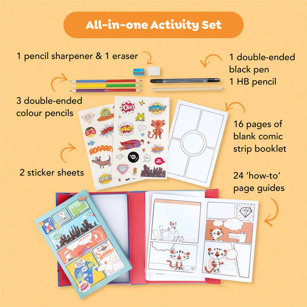 All-in-one activity set with stationery items and comic book materials on a yellow background