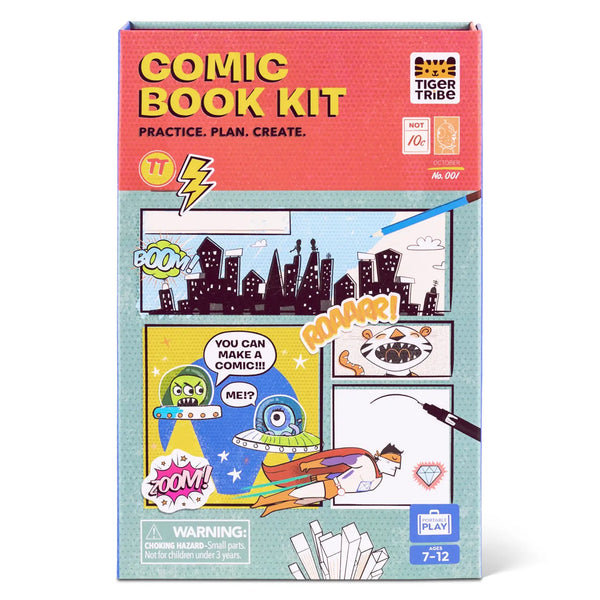 Comic book kit packaging. Red and blue with comic squares. 