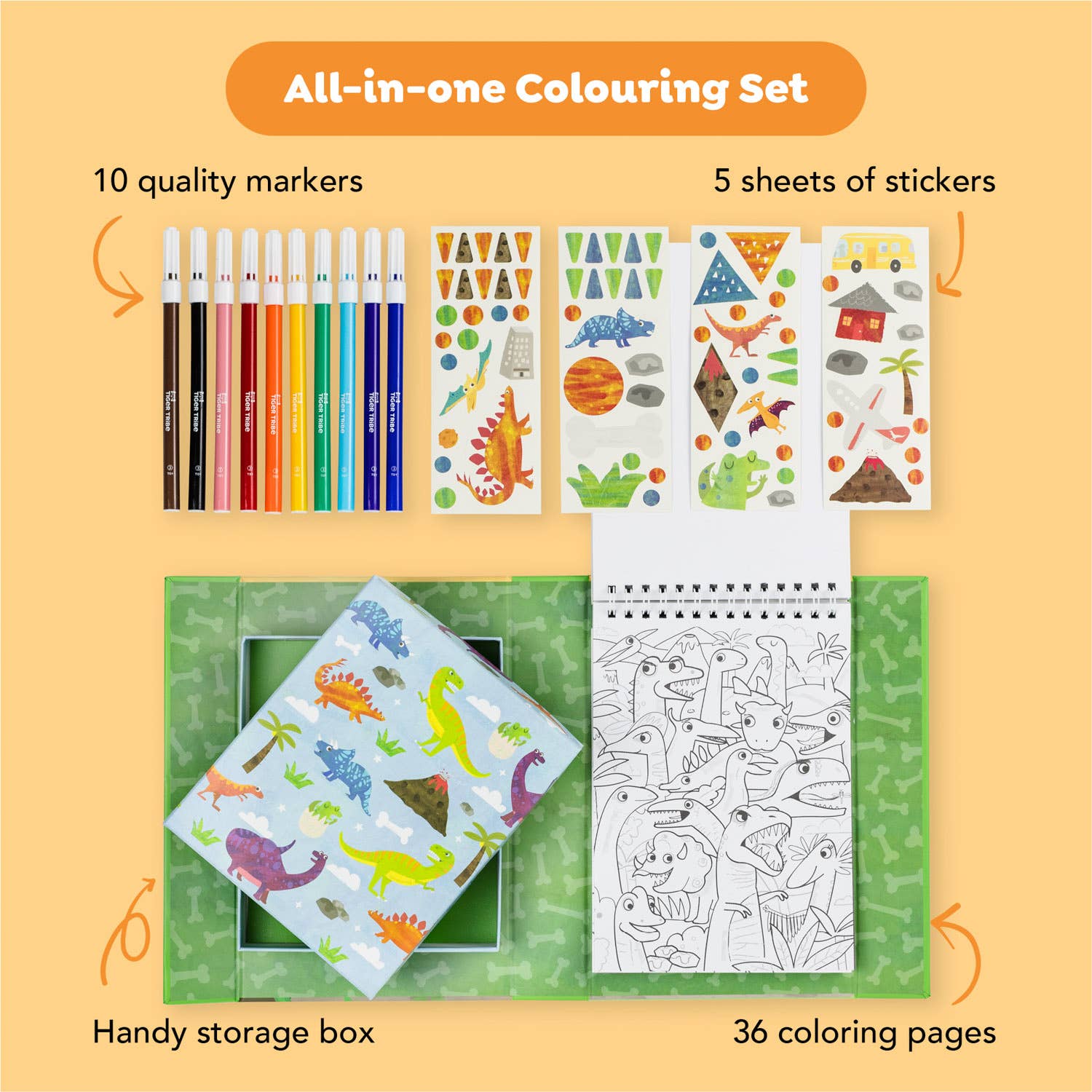 All-in-one colouring set with markers, stickers, coloring pages, and storage box on a yellow background.