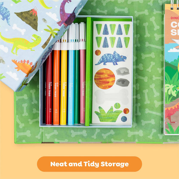 Colorful stationery set with books and stickers in a green box on a yellow background