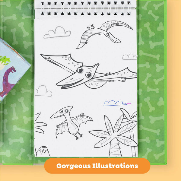 Coloring book with dinosaur illustrations on a green background with bone patterns