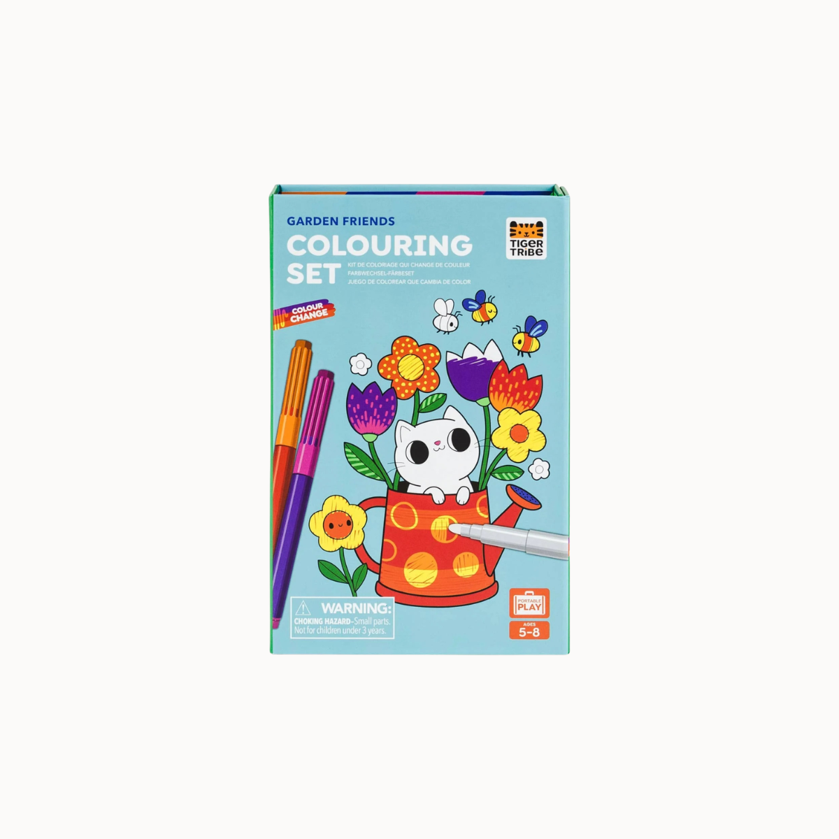 A boxed children's colouring set titled 'GARDEN FRIENDS COLOURING SET' on a plain light background. The package shows a cartoon cat in a red watering can surrounded by colorful flowers, with paintbrushes and a paint pen illustrated on the front.