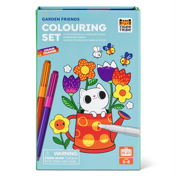 Garden Friends colouring set packaging with a cat and flowers illustration on a light blue background.