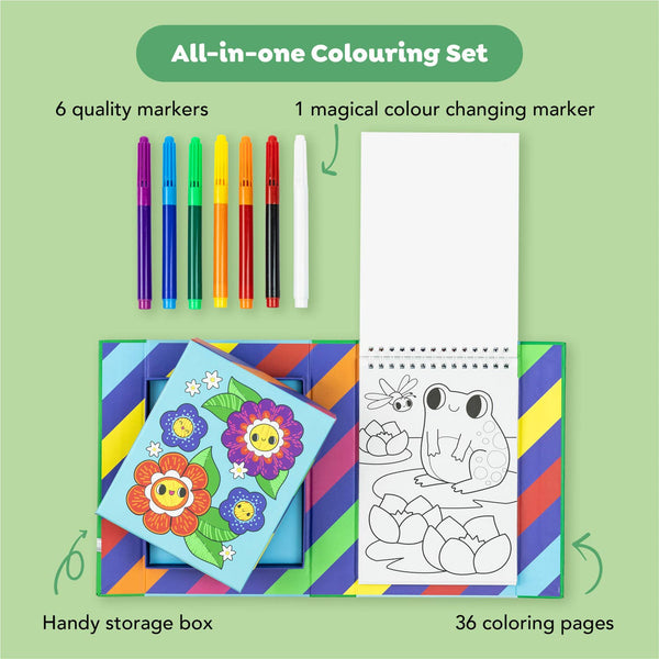 All-in-one colouring set with markers, storage box, and coloring pages on a green background