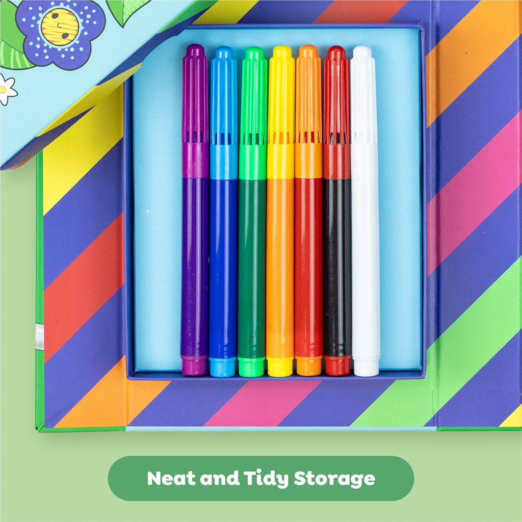 Set of colorful markers in a striped box with 'Neat and Tidy Storage' text.