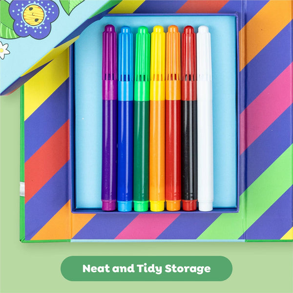Set of colorful markers in a striped box with 'Neat and Tidy Storage' text.