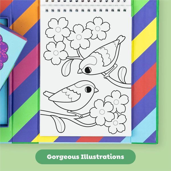 Coloring book with bird and flower illustrations on a colorful striped background