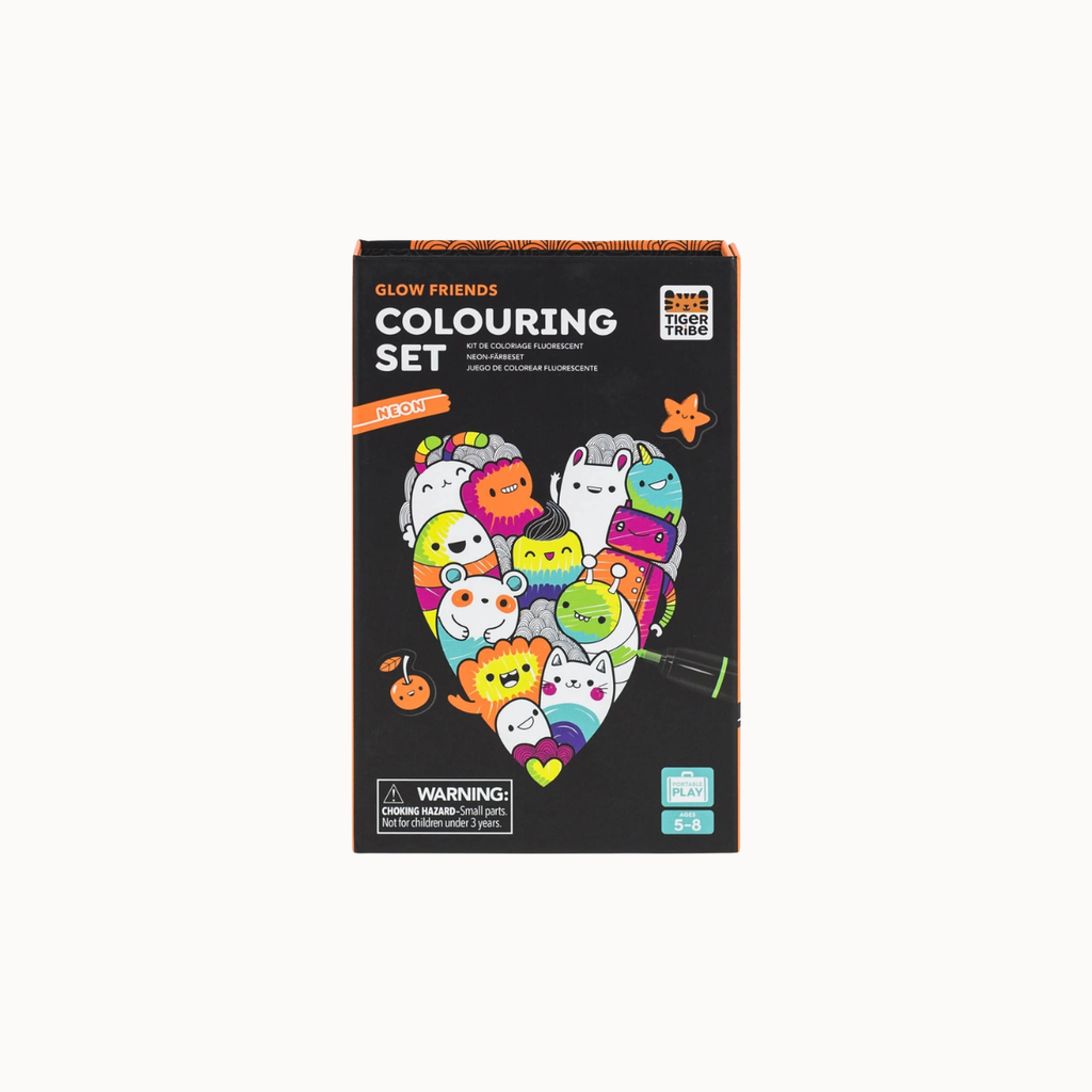 Glow Friends Colouring Set Step 1 box by Super Togs, featuring a black background with a colorful heart-shaped illustration of cartoon ghosts and cats.