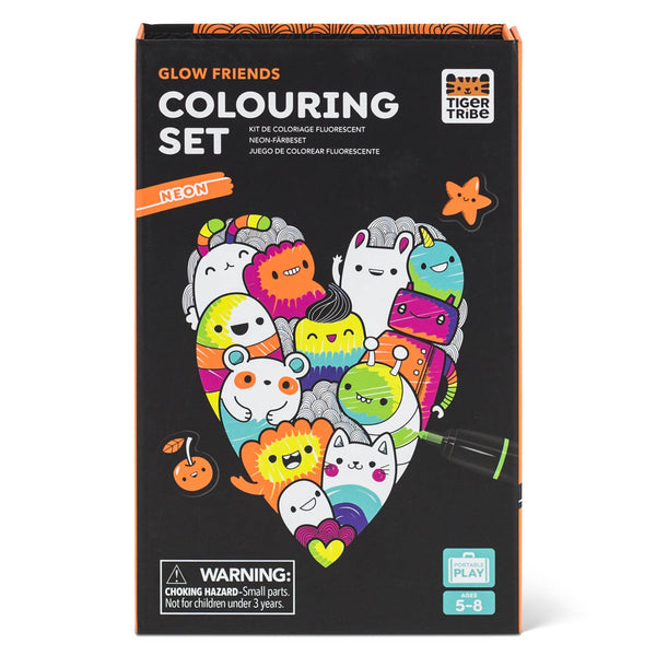 Glow Friends Colouring Set packaging with cartoon characters on a black background