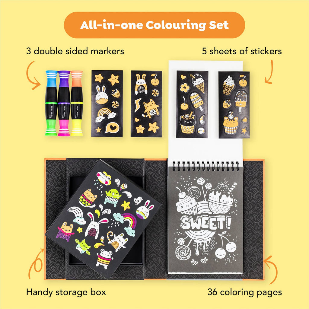 All-in-one colouring set with markers, stickers, storage box, and coloring pages on a yellow background.