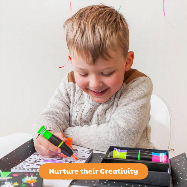 Child drawing with markers on a table, with text 'Nurture their Creativity' at the bottom.
