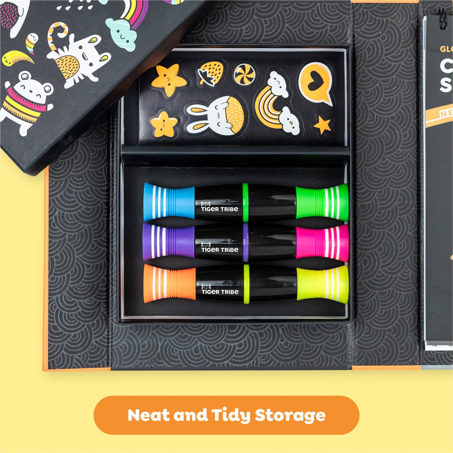 Colorful hair ties in a decorative box with 'Tiger Tribe' branding.