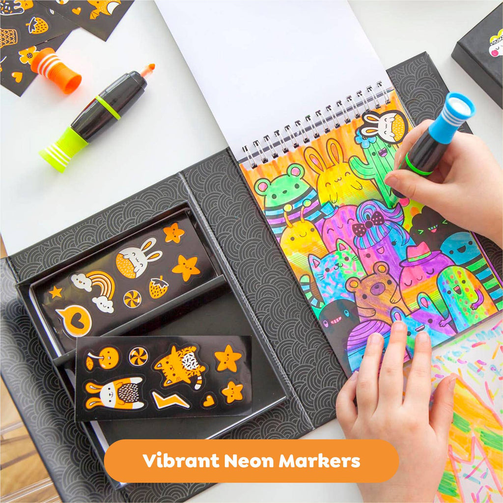 Coloring book with vibrant neon markers and a hand coloring pages.