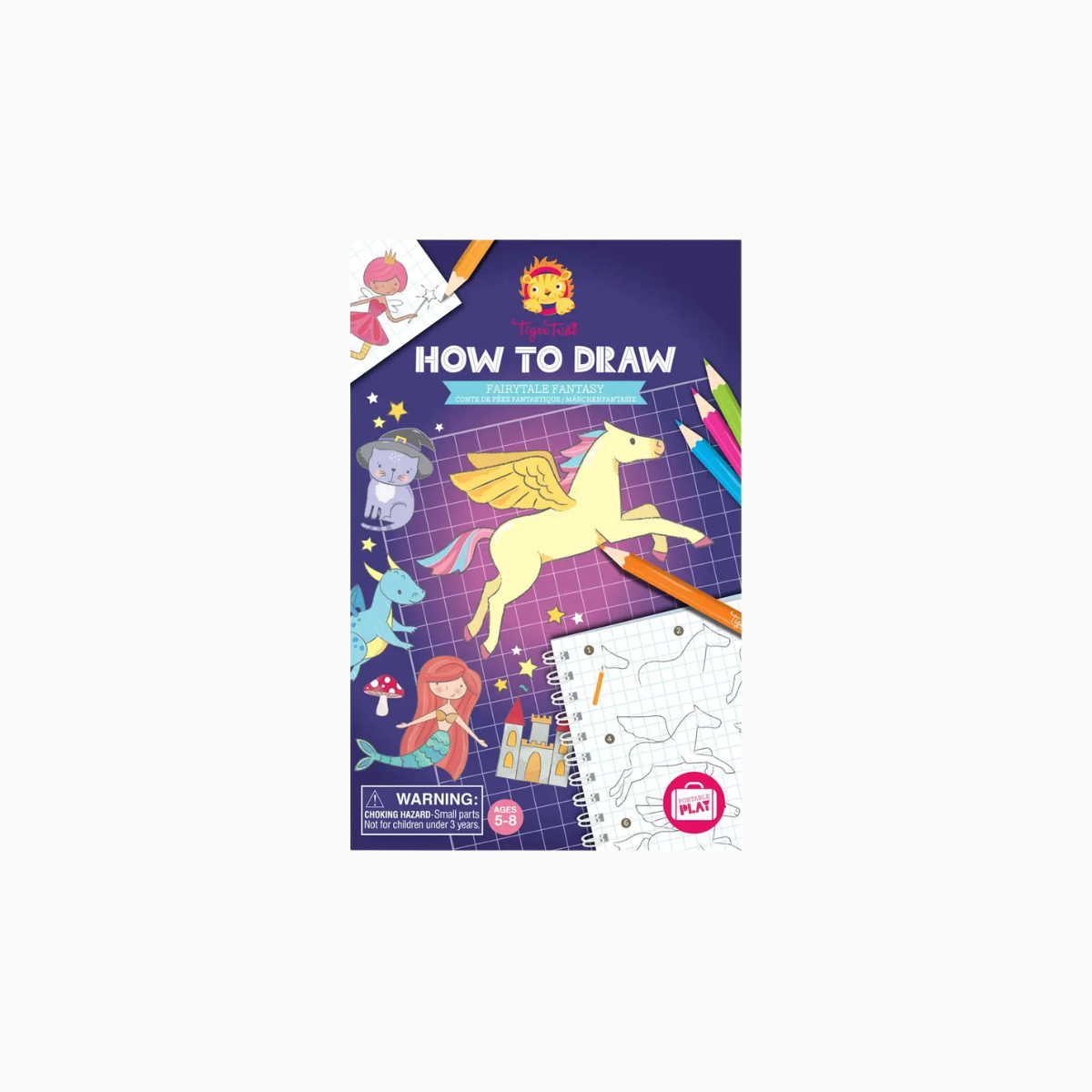 A children's activity book titled 'HOW TO DRAW' with colorful cartoon illustrations of a winged horse, pencils, a ruler, and sketch pages on a dark purple cover, shown against a light gray background.