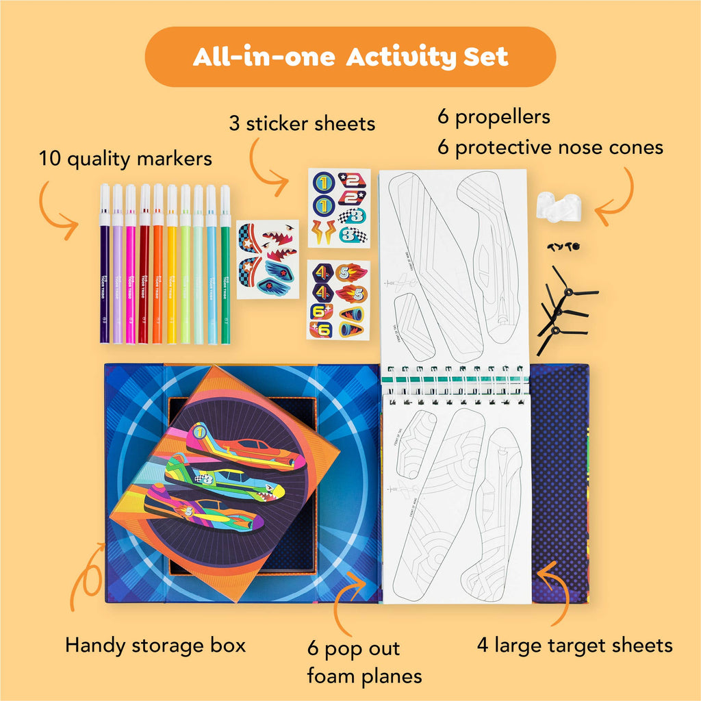 All-in-one activity set with markers, stickers, and craft materials on a yellow background
