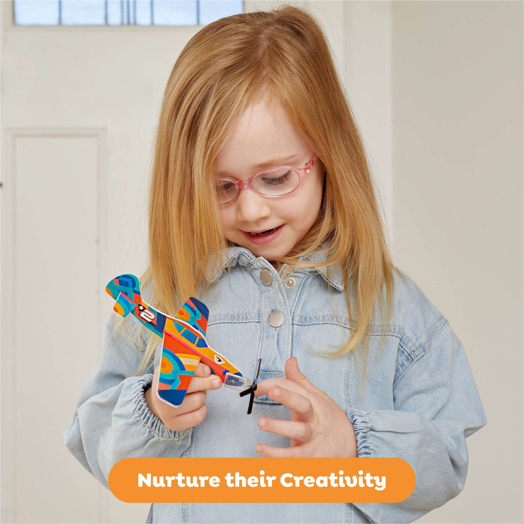 Child playing with a toy airplane indoors, with text 'Nurture their Creativity' at the bottom.
