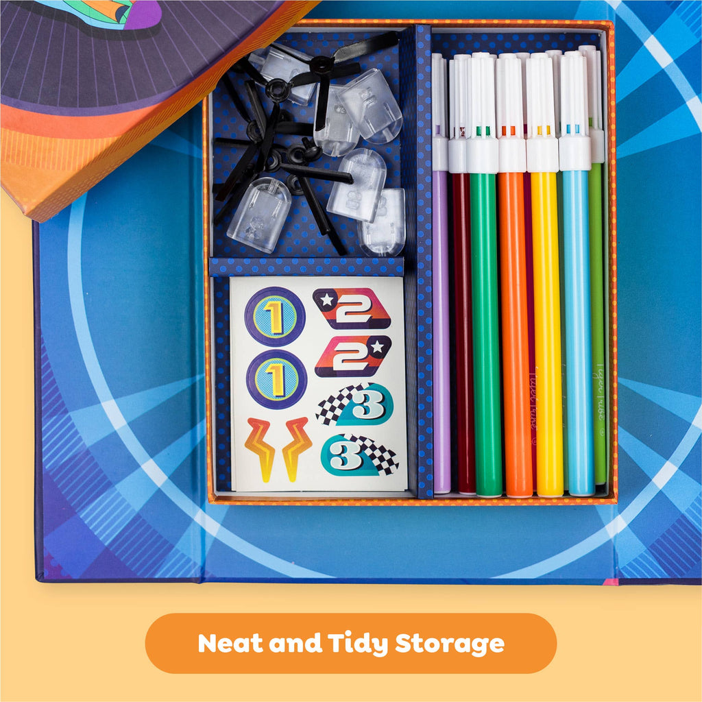 Colorful stationery set with pens, markers, and stickers in a box on a blue and orange background.