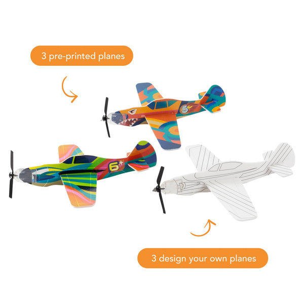 Colorful toy airplanes with pre-printed and customizable options on a white background.