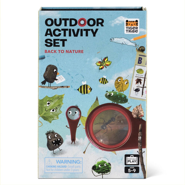 Box of Tiger Tribe outdoor activity set with nature-themed illustrations on a white background