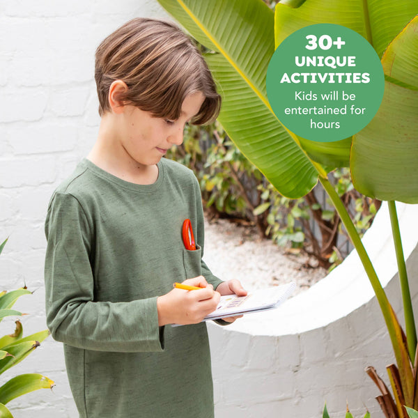 Child in green shirt holding a red tool and notebook, surrounded by plants with promotional text.