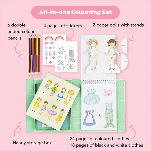 All-in-one colouring set with double-ended colour pencils, stickers, paper dolls, and storage box on a pink background.