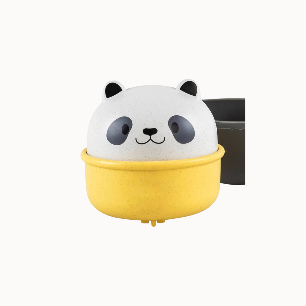 A cute panda-themed wall-mounted holder with a white textured top featuring a black panda face, sitting in a yellow bowl-like base, shown against a plain white background.