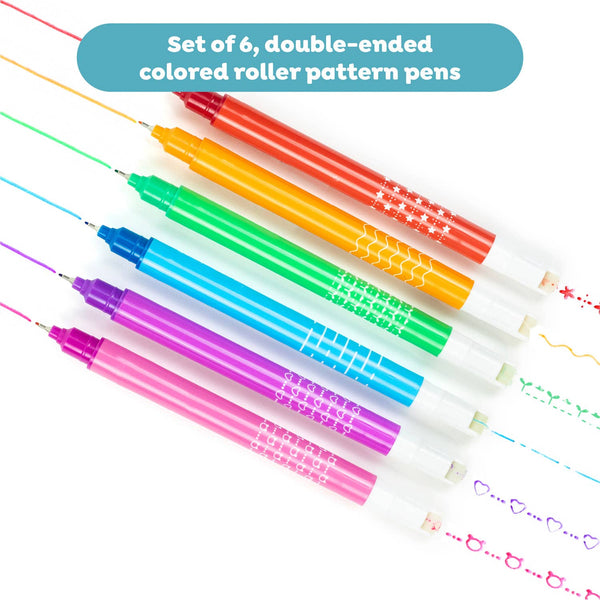 Set of 6 double-ended colored roller pattern pens on a white background