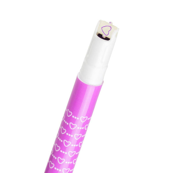 Purple pen with heart patterns on a white background