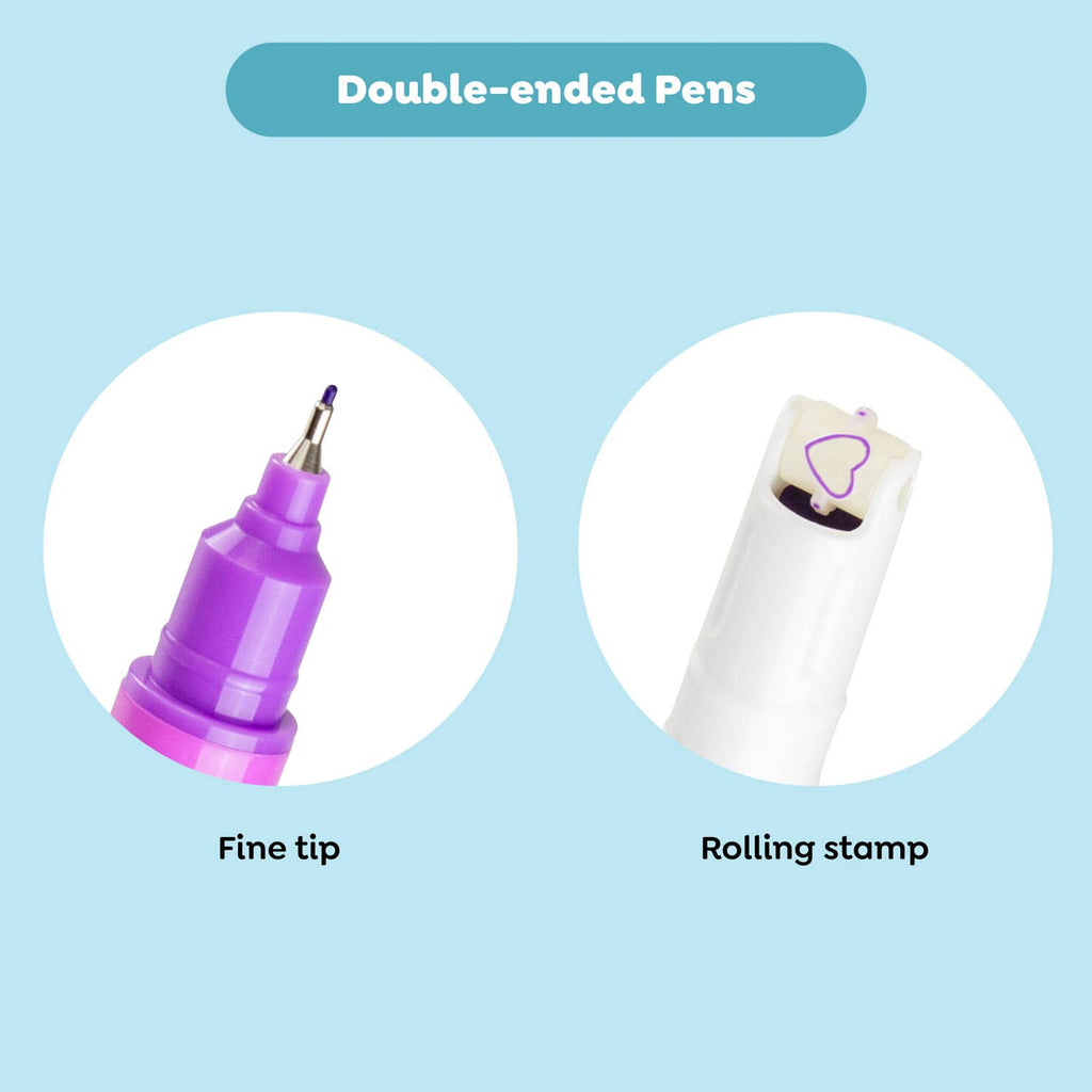 Double-ended pen with fine tip and rolling stamp on a light blue background