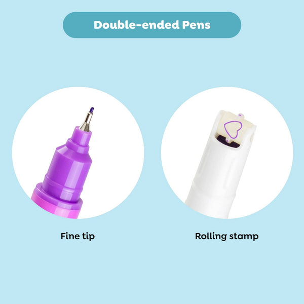 Double-ended pen with fine tip and rolling stamp on a light blue background