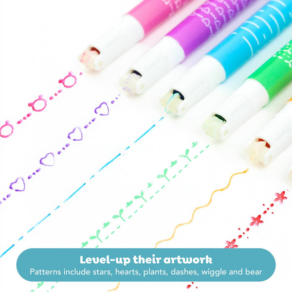 Colorful markers with sample patterns on a white background