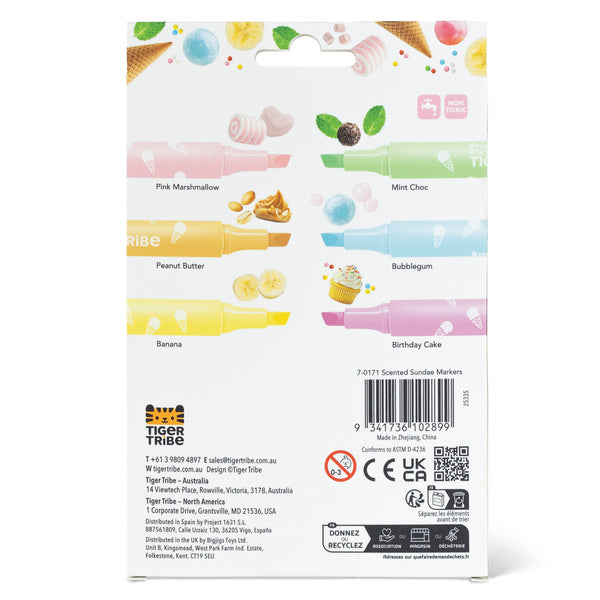 Packaging of Tiger Tribe scented sundae markers with colorful illustrations on a white background